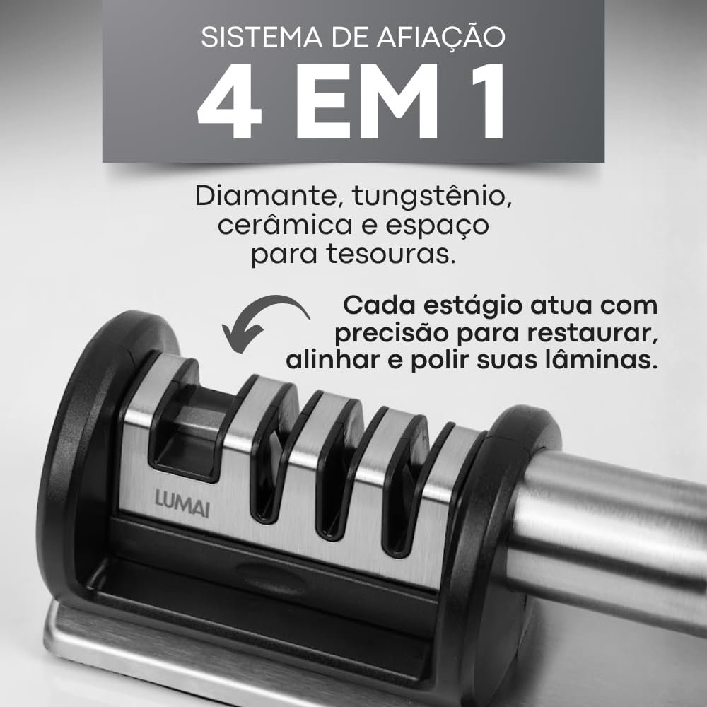 Afiador de Facas Detroit Amolador de Faca Cozinha Manual de Aço Inoxidável - 4 Estágios de Afiação Completa para Uso Doméstico e Chefs - Reviver Facas Cegas - Afiar e Polir Lâminas de Facas e Tesouras - Imagem 3