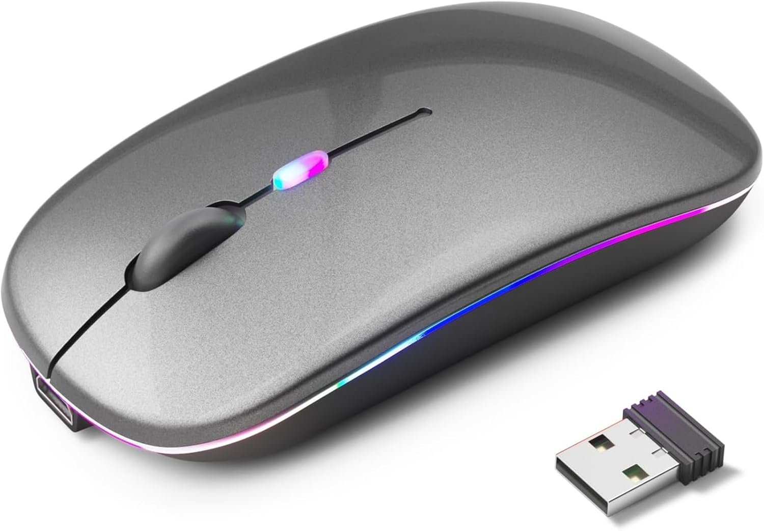 Mouse Sem Fio Recarregável com LED RGB Design Ergonômico Conexão USB Bluetooth Compatível com PC Notebook e Home Office (Cinza)
