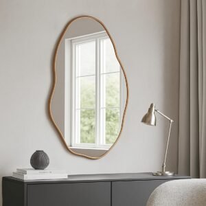 Espelho Orgânico Pedra 80x50cm Design Moderno com Moldura em Couro para Decoração Sofisticada (Caramelo)
