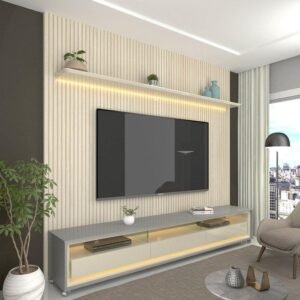 Rack com Painel para Tv até 75 Polegadas com Led com Rodízios Requinte 220cm Gelius Móveis Off White Ripado/cinza/off White