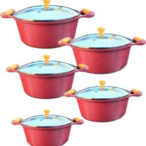 Jogo Panelas Cerâmica Atoxica Antiaderente Com Cabo de Madeira Tampas de Vidro Temperado