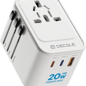 Adaptador de tomada universal, adaptador de viagem com 2 USB-C (PD 20W) e 1 USB-A, adaptador universal para UE, Reino Unido, americano, Canadá, Austrália e 224 país(branco)