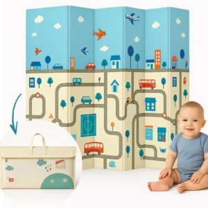Tapete Infantil Emborrachado Dobrável 2×1,5m Tatame Dupla Face 6mm Antiderrapante Bebê Atividades Educativa Macio Impermeável Colorido Tapetinho Criança Reversível Leve com Bolsa (Safari e Cidade) (Cidade)