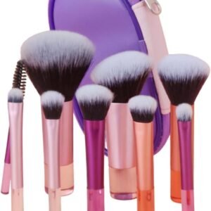 Kit Mini Pincéis de Maquiagem 10 Peças Travel Size com Nécessaire – Cerdas Macias para Make Completa – Rosa e Roxo