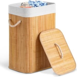 Cesto de Bambu Roupa Suja em Bambu Natural com Tampa 60L Alças de Corda Forro Removível Ideal Para Lavanderia Área de Serviço Banheiro e Quarto Premium