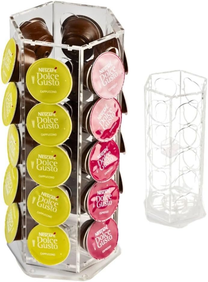 Torre Organizadora em Acrílico Transparente para Cápsulas de Café, 31,5 x 6,5 cm, Capacidade 30 Cápsulas, Acabamento Artesanal
