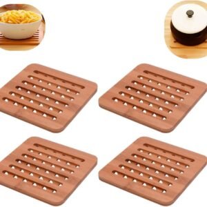 Kit Com 4 Descansos De Panela Em Bambu Quadrado 15cm – Proteja Sua Mesa Com Estilo – Prático, Durável e Ecológico