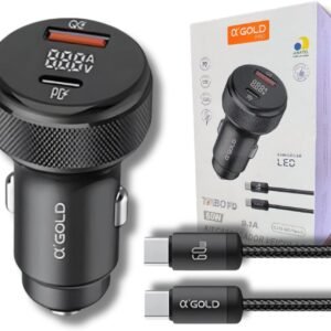 Carregador Veicular Turbo 60W Pro, Kit com Cabo USB-C. Duas portas USB 3.0 + USB-C, Led, Carregamento Rápido 9.1A Fast Charge Carro/Automotivo Compatível com IOS e Android – Premium