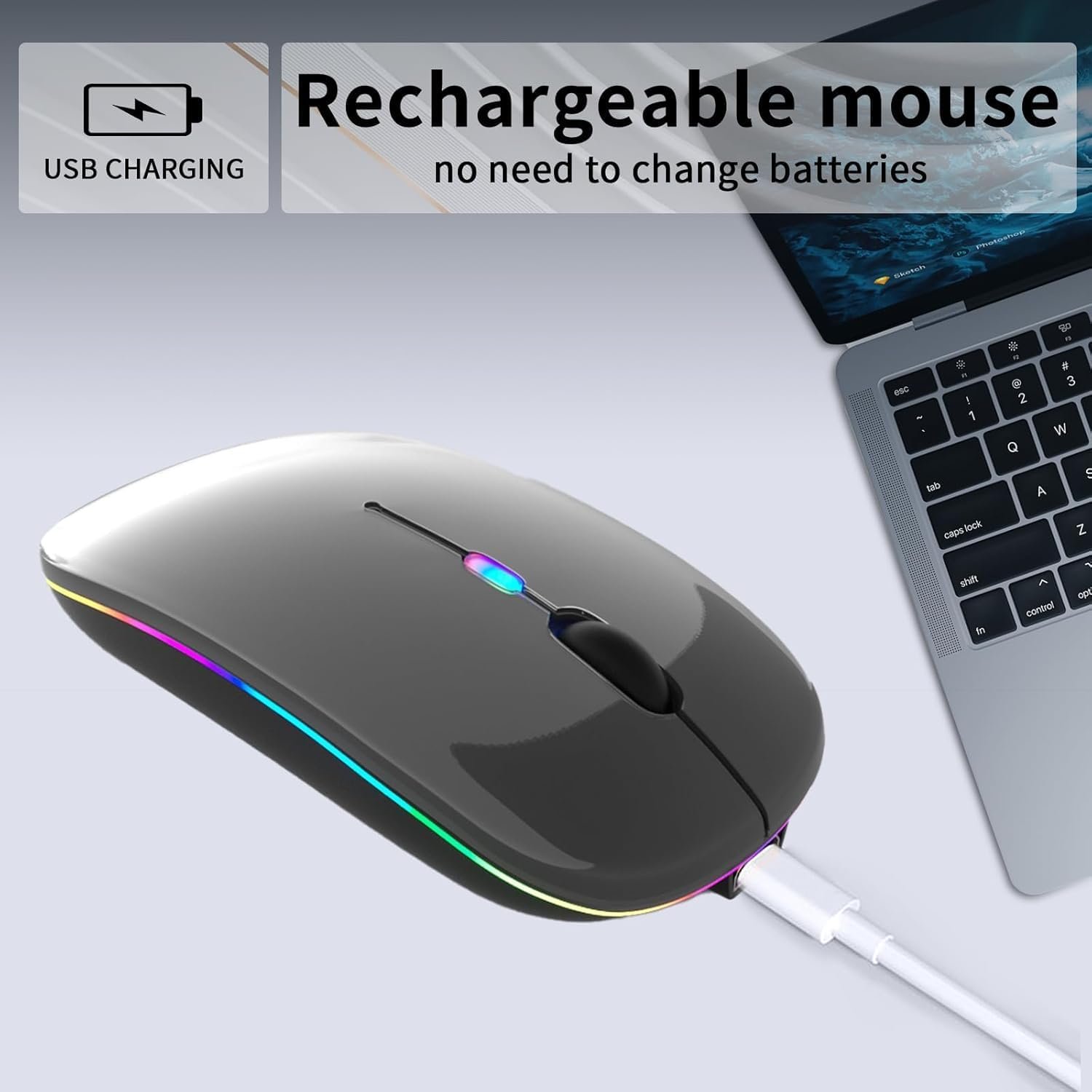 Mouse Sem Fio Recarregável com LED RGB Design Ergonômico Conexão USB Bluetooth Compatível com PC Notebook e Home Office (Cinza) - Imagem 3