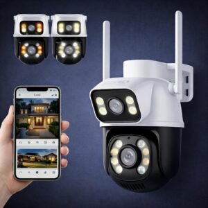 Câmera de Segurança WiFi Externa HD 3MP, IP Sem Fio com Visão Noturna Infravermelha, Dupla Lente Grande Angular, À Prova D’Água IP66, Detecção de Movimento e Áudio Bidirecional