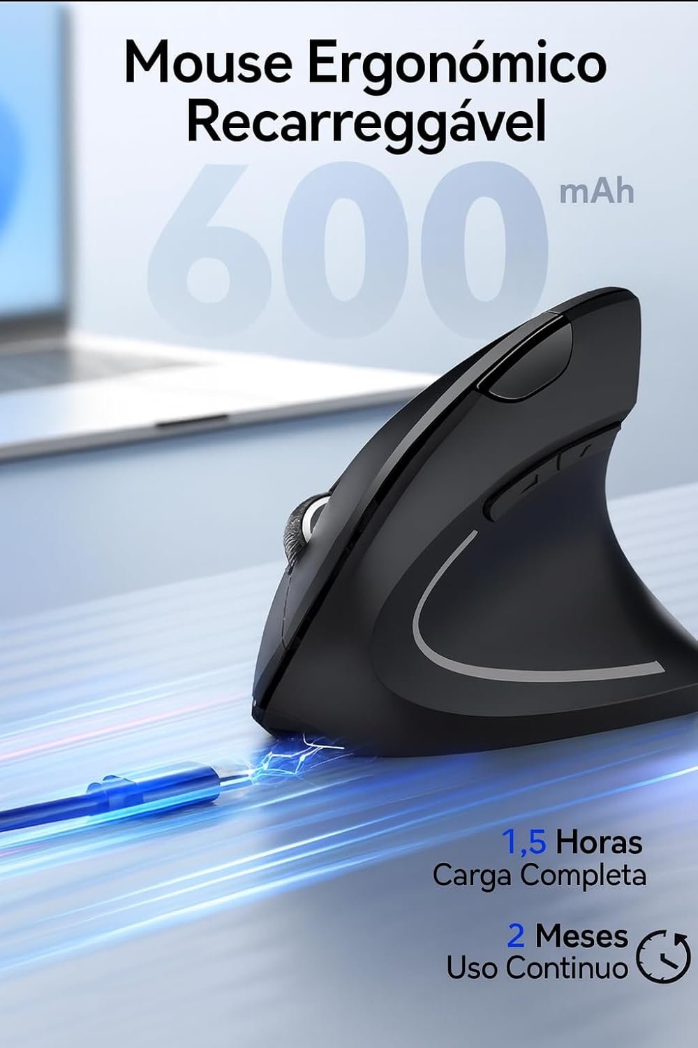 Mouse Vertical Ergonômico, Sem Fio, 1600 DPI, Mouse Ortopédico Bluetooth 2.4G, 6 Botões, Posição da Mão Correta, Evita Inflamações no Pulso e Tendões, Trabalho, Jogos e Estudos, Recarregável USB - Imagem 2