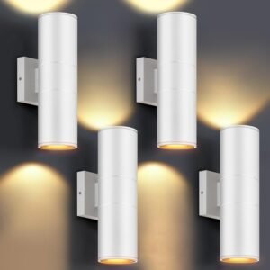 Pacote com 4 lâmpadas de parede externas, luzes de LED integradas para cima, para baixo, luminária externa de alumínio 12W 2700K, luminária externa para porta de varanda e pátio (branco fosco)
