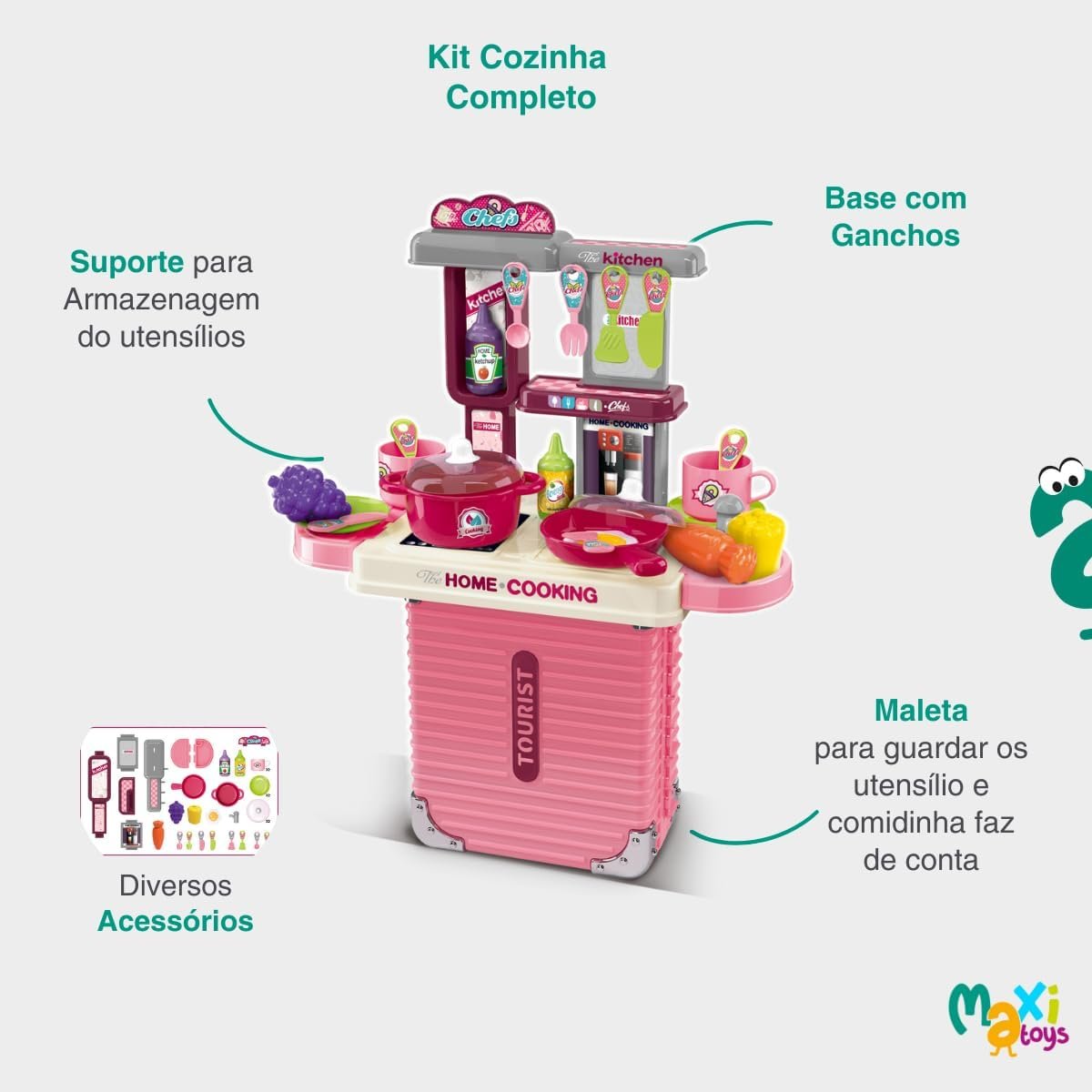 Cozinha Infantil Bancada 3 em 1 Maleta C/31 Peças Maxi Toys - Imagem 8