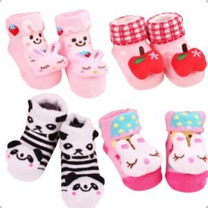 Kit 4 Pares Meias Bebê com Chocalho Pelúcia 3D Algodão Menino Menina Conforto Respirável 0 a 24 Meses Uso Diário