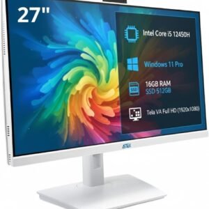 Computador All in One 27″ Intel Core i5 12450H, Windows 11 Pro, 16GB RAM, SSD 512GB, Tela VA Full HD, Webcam e Alto Falante Integrado, Wi-Fi 5GHz, HDMI/VGA, USB 3.0/2.0 Branco para Jogos e Escritório