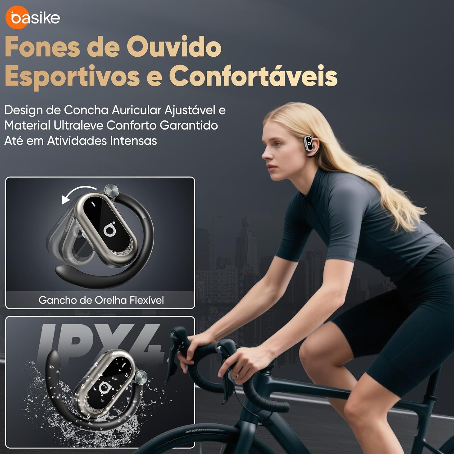 Basike Fone de Ouvido Bluetooth 5.4 OWS, Fone de Ouvido Sem Fio Esportivo HiFi Estéreo Som, IPX4 à Prova D'Água, Redução de Ruído ENC, 30h de Autonomia e Case Voz para Corrida e Exercícios (Preto) - Imagem 6