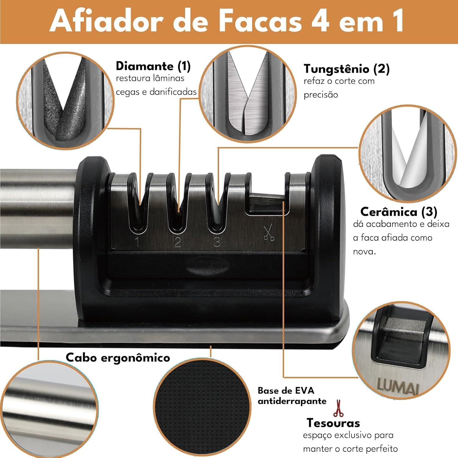 Afiador de Facas Detroit Amolador de Faca Cozinha Manual de Aço Inoxidável - 4 Estágios de Afiação Completa para Uso Doméstico e Chefs - Reviver Facas Cegas - Afiar e Polir Lâminas de Facas e Tesouras - Imagem 6
