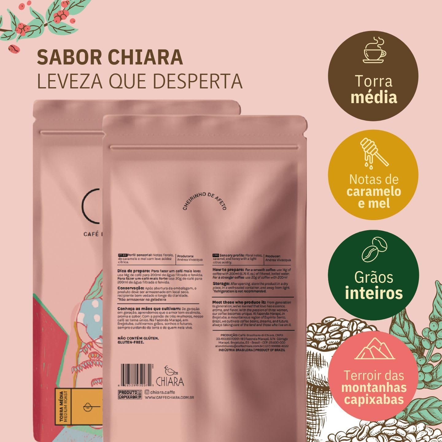Café Especial Chiara Flor em Grãos 250g Nota 85, Café Brasileiro do Espírito Santo, Notas Florais, Caramelo e Mel, Café Premium de Montanha, Torra Média para Espresso, Coador e Prensa Francesa - Imagem 2