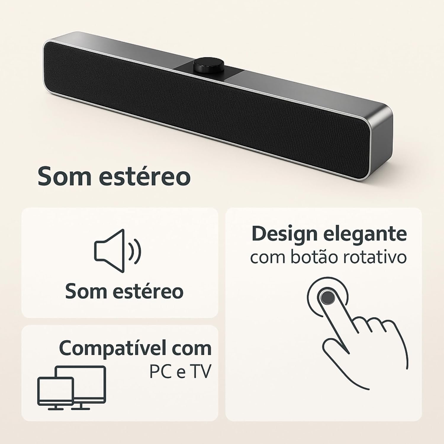 Caixa de Som - Soundbar Estéreo USB para PC Computador TV - Som Potente com Efeito Estéreo e Modo Auxiliar - Imagem 2