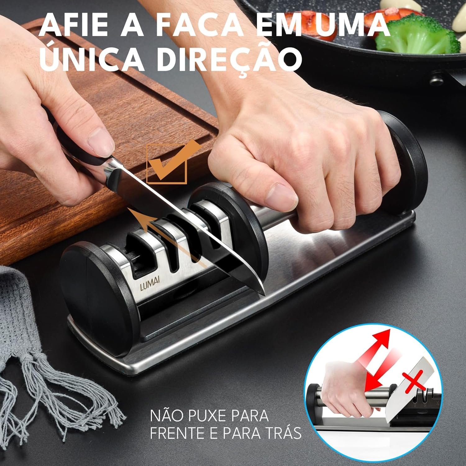 Afiador de Facas Detroit Amolador de Faca Cozinha Manual de Aço Inoxidável - 4 Estágios de Afiação Completa para Uso Doméstico e Chefs - Reviver Facas Cegas - Afiar e Polir Lâminas de Facas e Tesouras - Imagem 7