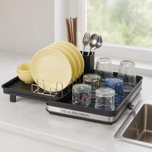 DF Escorredor de Louça Inox 304, Escorredor de Pratos Expansível com Porta-Talheres, Escorredors de Louca para Drenagem Rápida, Prevenção de Ferrugem, Não Requer Instalação, Preto