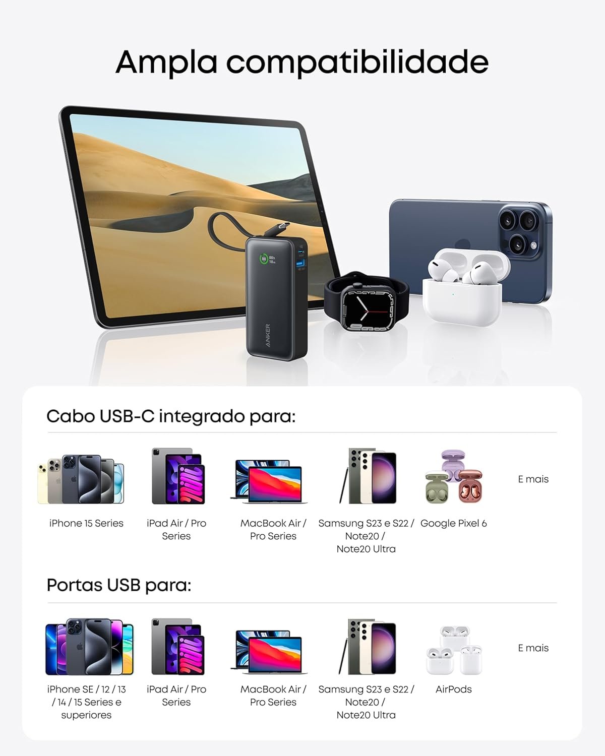 Anker Nano Power Bank, Carregador Portátil de 10.000 mAh com Cabo USB-C Integrado, Saída Máxima de 30W, para iPhone 17/iPhone 16/Série 15, MacBook, AirPods e Mais, Preto - Imagem 6