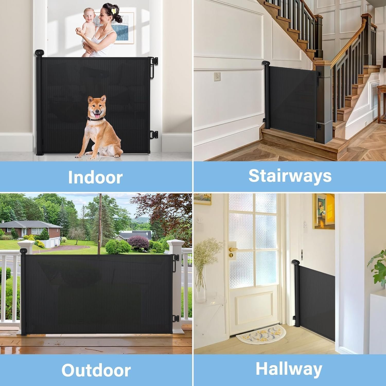 3m Portão Grade Retrátil de Proteção para Bebês e Cachorros, Portaozinho de Escada Instalação Sem Furos, Trava Dupla,Operação com uma mão,Portao Segurança Bebê Pet, Cercado para Cachorros(preto) - Imagem 7