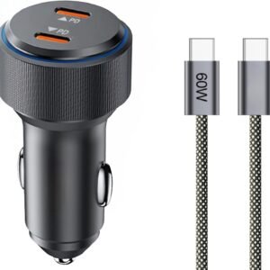 Carregador Veicular 60W Turbo com Cabo USB-C – Duas Entradas USB-C, Carregamento Ultra Rápido, Proteção Inteligente e LED Indicador para Celulares e Tablets