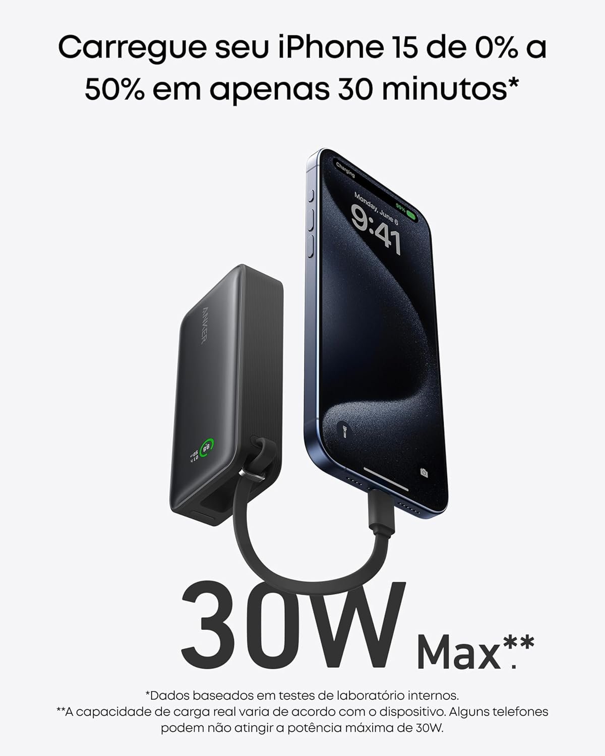 Anker Nano Power Bank, Carregador Portátil de 10.000 mAh com Cabo USB-C Integrado, Saída Máxima de 30W, para iPhone 17/iPhone 16/Série 15, MacBook, AirPods e Mais, Preto - Imagem 2