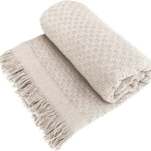 Decolab Manta para Sofá em Algodão com Franjas Artesanais | Cobertor Decorativo para Sofa, Poltrona e Cama | Estilo Boho Chic (Branca-Cru)