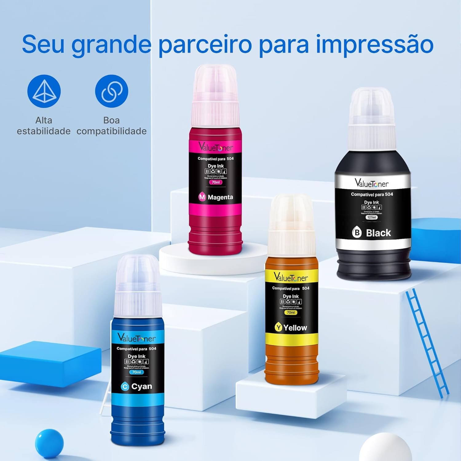 Valuetoner Kit 4 Refil Tintas Compatível para Epson 504 T504 Compatível para Epson Impresoras L4150 L4160 L4260 L6161 L6171 L6191 L6270 L14150 (4 Frascos: Preto, Magenta, Ciano, Amarelo) - Imagem 7