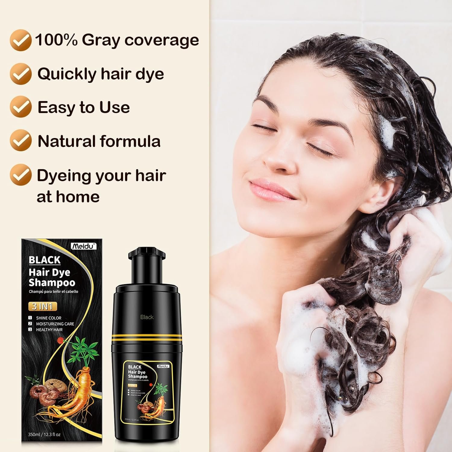 IIIMEIDU Xampu Tintura 3 em 1 Preto 350ml – Cobre Cabelos Brancos em Minutos, Com Ervas Naturais, Sem Amônia, Cor Preta Duradoura, Cobre Grisalhos com Facilidade, Para Homens e Mulheres - Imagem 6