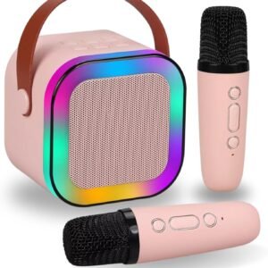Karaoke Infantil Portátil com 2 Microfones Recarregável e Modos de Voz Divertidos – Diversão Musical para Crianças! (Rosa)