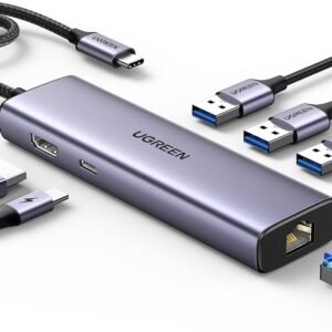 UGREEN Revodok Hub USB C 6 em 1, Adaptador Gigabit Ethernet com 4K HDMI, 100W PD, 3 Portas de Dados USB A 3.0 Compatíveis com Mac M1, M2, M3, iPad, iPhone 16 Pro/Pro Max, Steam Deck