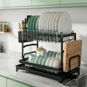 Decolab Escorredor de Louça – Com Bandeja Para Saída de Água – Para Pratos de Jantar, Talheres e Copos (Preto, 2 Andares)