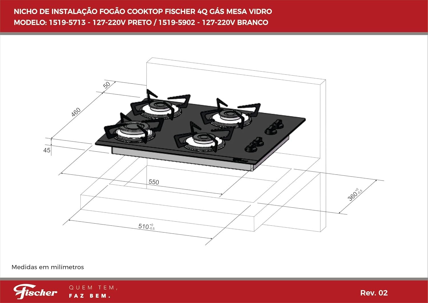 FISCHER COOKTOP GÁS 4 BOCAS MESA VIDRO PRETA BIVOLT 1519-5713 - Imagem 5