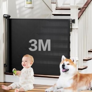 3m Portão Grade Retrátil de Proteção para Bebês e Cachorros, Portaozinho de Escada Instalação Sem Furos, Trava Dupla,Operação com uma mão,Portao Segurança Bebê Pet, Cercado para Cachorros（preto）