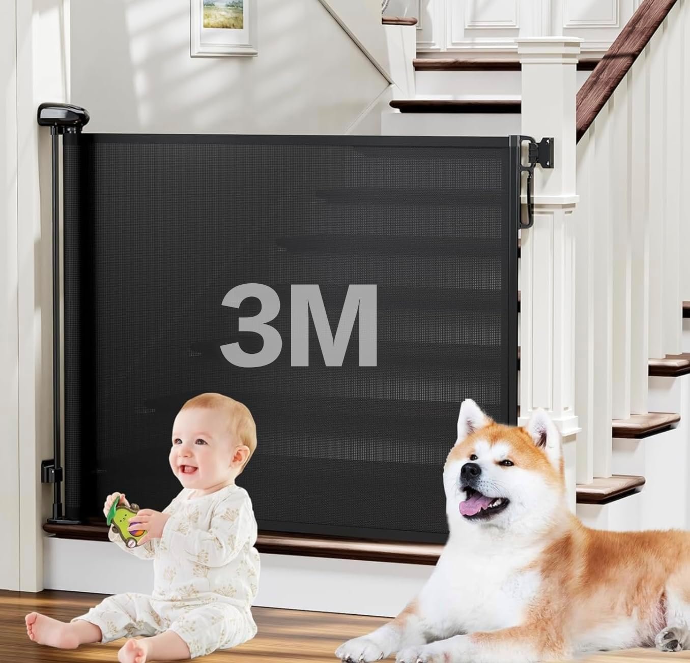 3m Portão Grade Retrátil de Proteção para Bebês e Cachorros, Portaozinho de Escada Instalação Sem Furos, Trava Dupla,Operação com uma mão,Portao Segurança Bebê Pet, Cercado para Cachorros(preto)