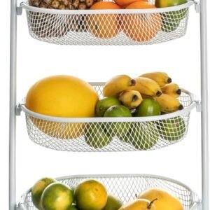 Metaltec Fruteira De Chão Em Aço Resistente Com Rodinhas Multiuso Carrinho Organizador 3 Cestos para Cozinha Reforçado – Branco
