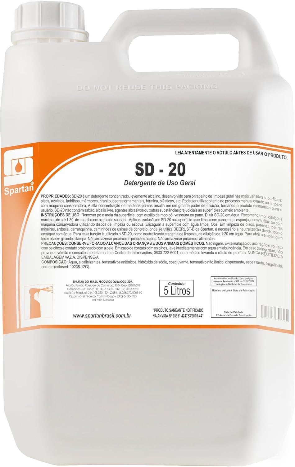 SD-20 Spartan com Citronela – Limpeza Profunda, Fragrância Cítrica Refrescante e Ação Repelente, Detergente Concentrado Ideal para Pisos e Áreas Externas 5L