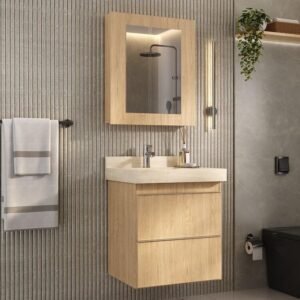 Conjunto para Banheiro Lavatório em Porcelanato com Cuba Esculpida, Gabinete Liso e Espelheira 60cm Wood/Travertino