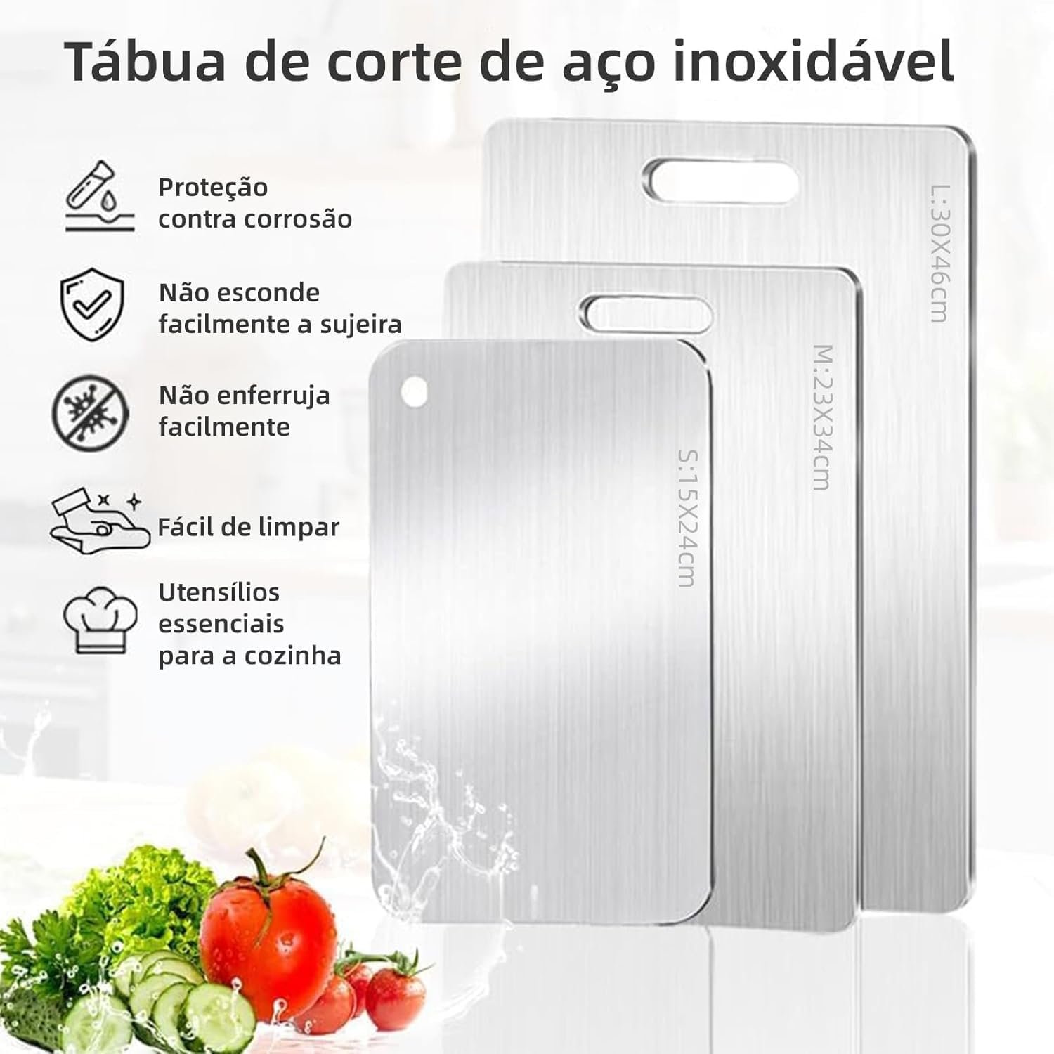 BEMMY Kit 3 Tábua De Corte De Aço Inoxidável, Tábua De Corte Não Tóxica De Carne E Vegetais De Qualidade Alimentar De Dupla Face (15 * 24cm, 23 * 34cm, 30 * 46cm) - Imagem 6