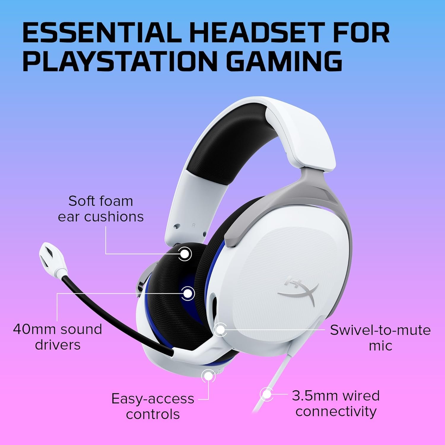 Headset Gamer HyperX Cloud Stinger 2 Core PS5 - para PlayStation, Headset Leve, Microfone com Função de Girar para Silenciar, Drivers de 40 mm, Branco (6H9B5AA) - Imagem 6