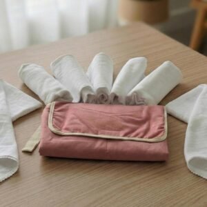 Kit Trocador Portátil Impermeável + 5 Fraldas de Pano Lisa 70×70 cm – Fralda de Algodão e Trocador de Viagem, Pronto para o Dia a Dia (Rosa)