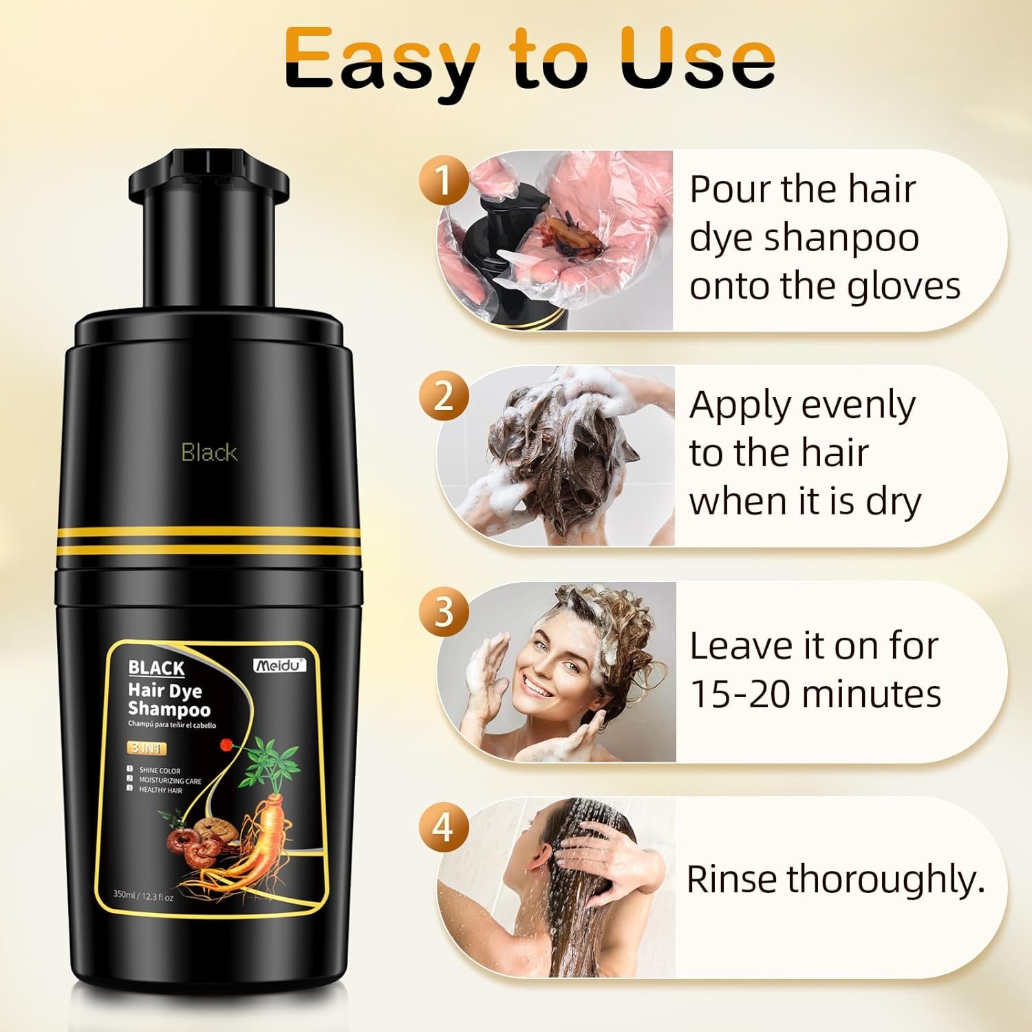 IIIMEIDU Xampu Tintura 3 em 1 Preto 350ml – Cobre Cabelos Brancos em Minutos, Com Ervas Naturais, Sem Amônia, Cor Preta Duradoura, Cobre Grisalhos com Facilidade, Para Homens e Mulheres - Imagem 3