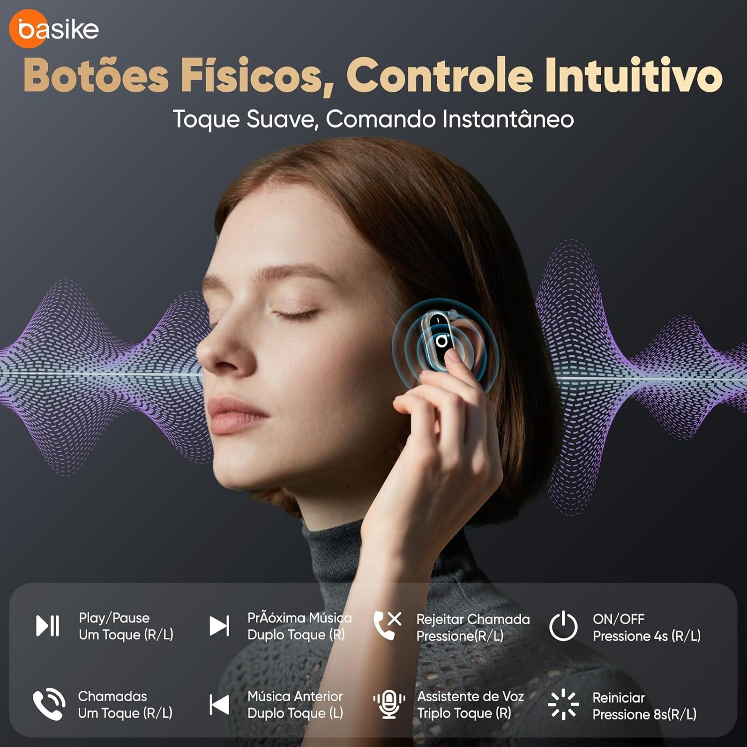 Basike Fone de Ouvido Bluetooth 5.4 OWS, Fone de Ouvido Sem Fio Esportivo HiFi Estéreo Som, IPX4 à Prova D'Água, Redução de Ruído ENC, 30h de Autonomia e Case Voz para Corrida e Exercícios (Preto) - Imagem 5