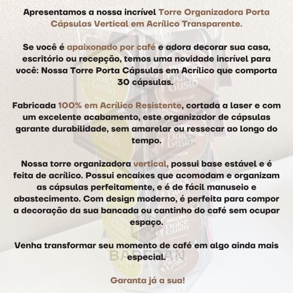 Torre Organizadora em Acrílico Transparente para Cápsulas de Café, 31,5 x 6,5 cm, Capacidade 30 Cápsulas, Acabamento Artesanal - Imagem 8