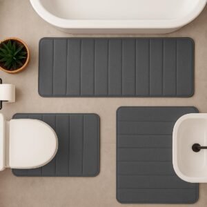 Decolab Tapete Antiderrapante Banheiro Super Soft | Kit Tapete Banheiro Box ou Banheira Completo | Jogo Tapetes Para Banheiro Multiuso Decoração Quarto (Cinza-escuro, 3 Peças)
