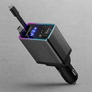 Carregador Premium De Carro Retrátil 4 Em 1 Com Cabo Tipo C E Iphone, USB Duplo, 120W, Tela De Voltagem E Carregamento Rápido Marca VARENZIA