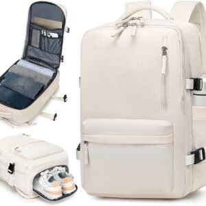 Mochila de Viagem Expansivel Grande Masculina Feminina,Mochila Avião Notebook Bolsa de Sapato,Executiva,Antifurto,Reforçada,USB,Impermeável,Escolar,Faculdade,Trabalho,Presente (Bege)